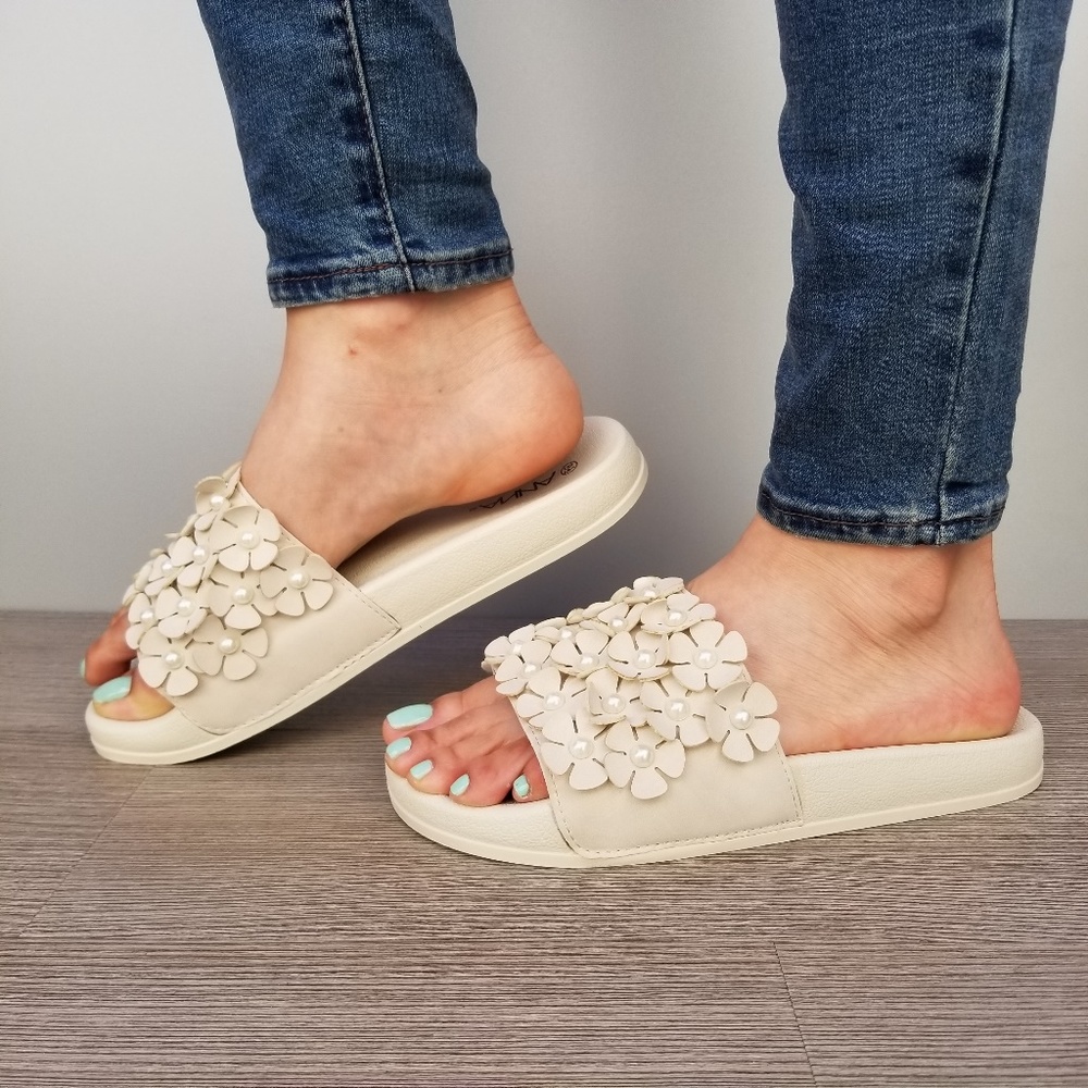 Beige Slider Sandal Flower and Pearl Accents-A - Picture 4 of 6